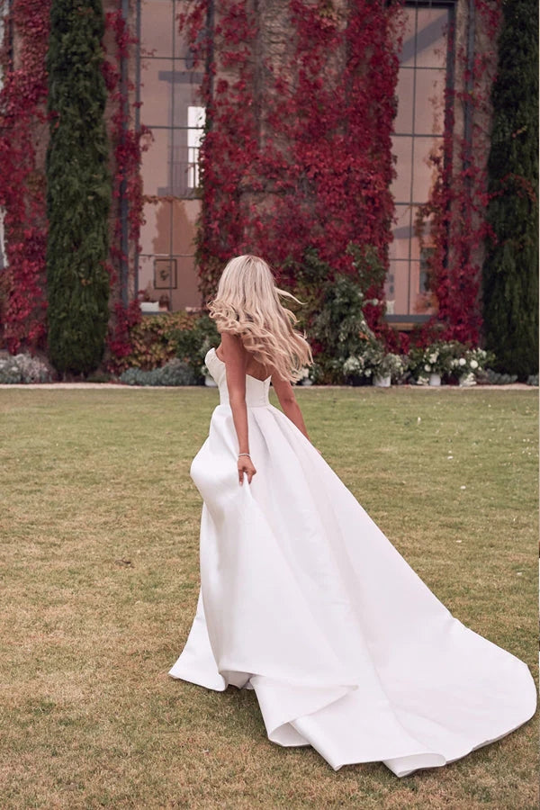 Aesthetic A Line Satin Wedding Dress With Slit, Simple Sweetheart Bridal Gown WLD0129