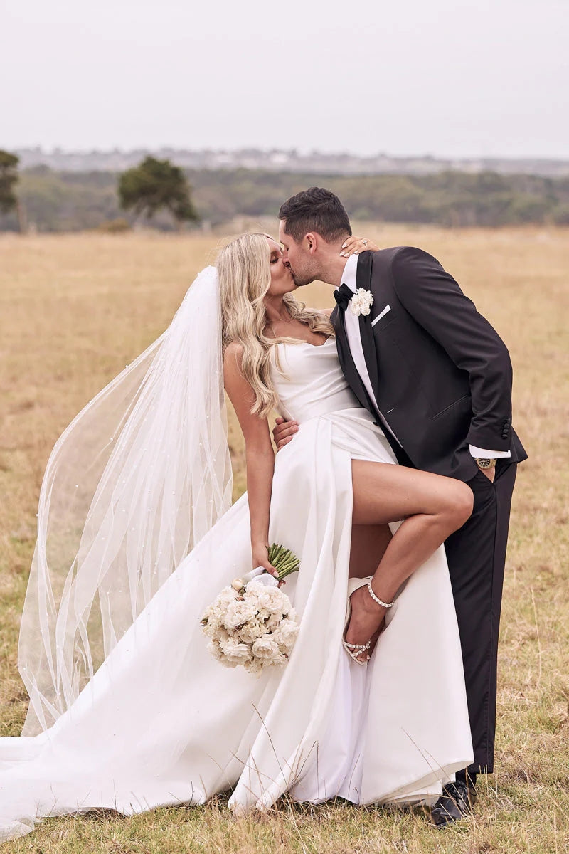 Aesthetic A Line Satin Wedding Dress With Slit, Simple Sweetheart Bridal Gown WLD0129