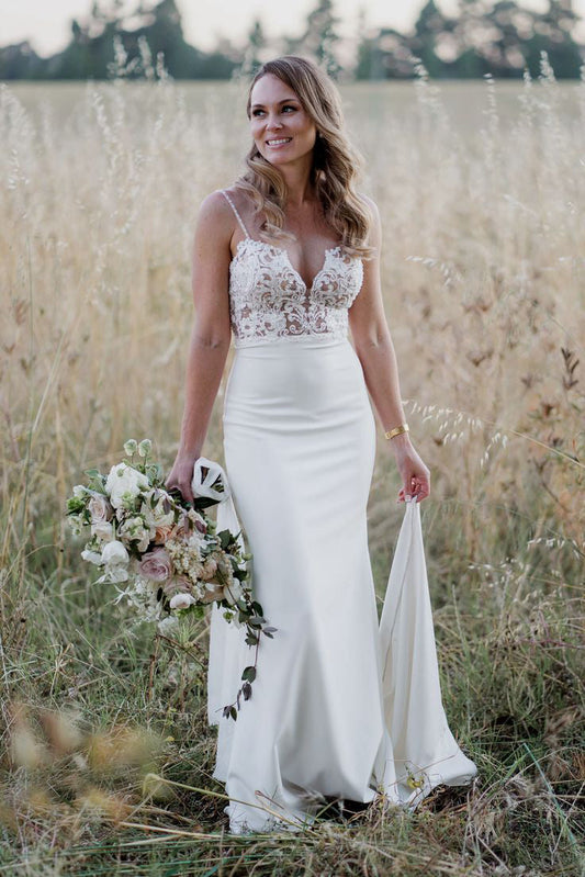 Bohemian Spaghetti Straps Mermaid Lace Wedding Dress, Long Bridal Gown CHW0146