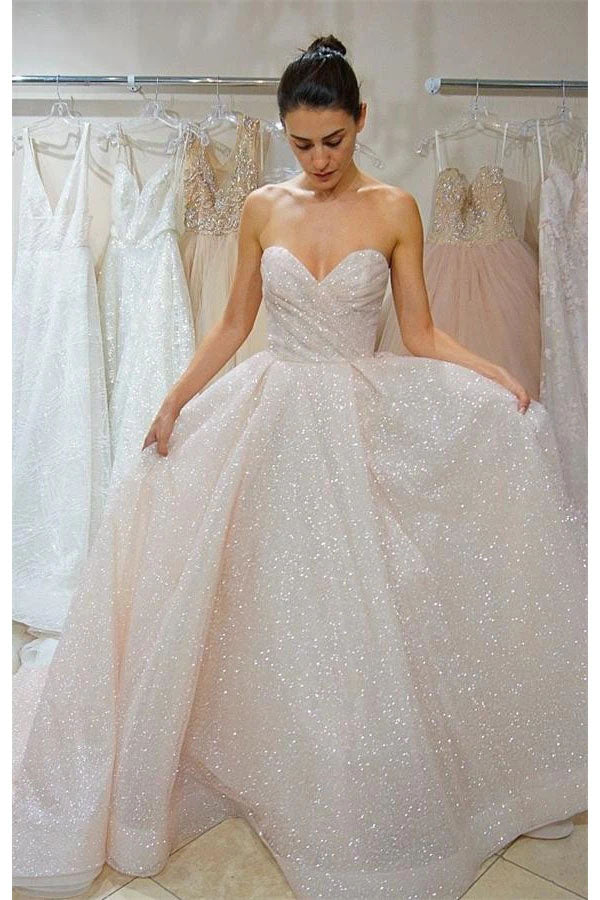 A-Line Sweetheart Elegant Lace Up Long Sparkly Wedding Dresses Prom Dresses WLD0026