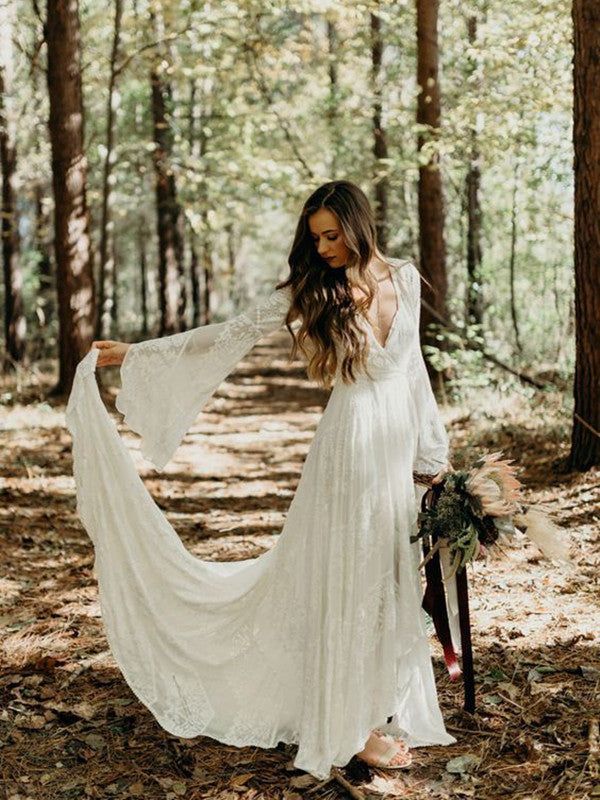 Deep V-Neck Long Sleeves Lace Appliques Wedding Dresses, Bridal Gown WLD0158