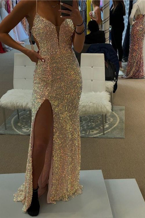 2022 Mermaid Spaghetti Straps Sequin Long Prom Dress With Side Slit ,Formal Gown WLD0075