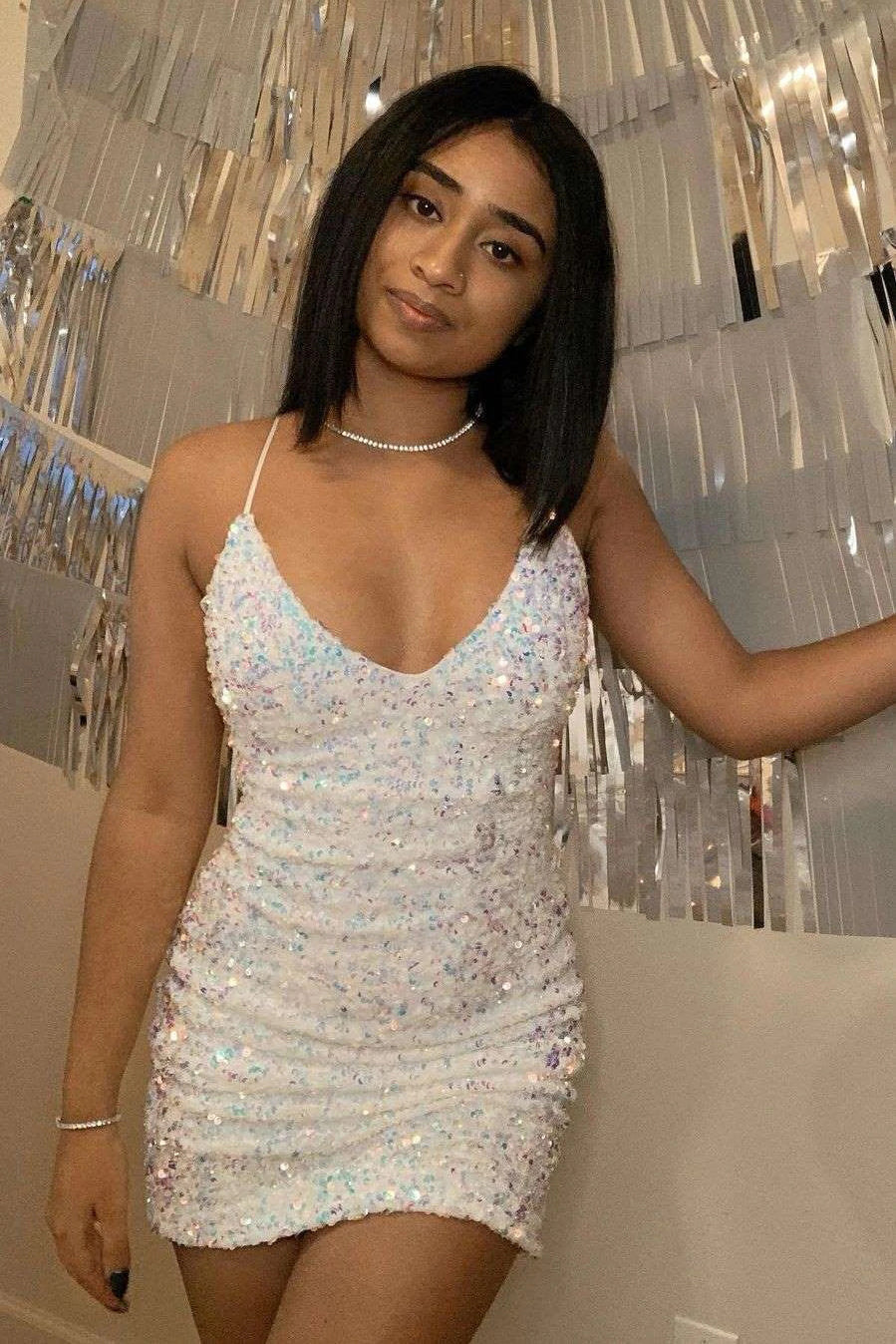 Glitter White Sequins Sleeveless Short Homecoming Dresses, Graduation Dresses, Sweet Dress WLD0002