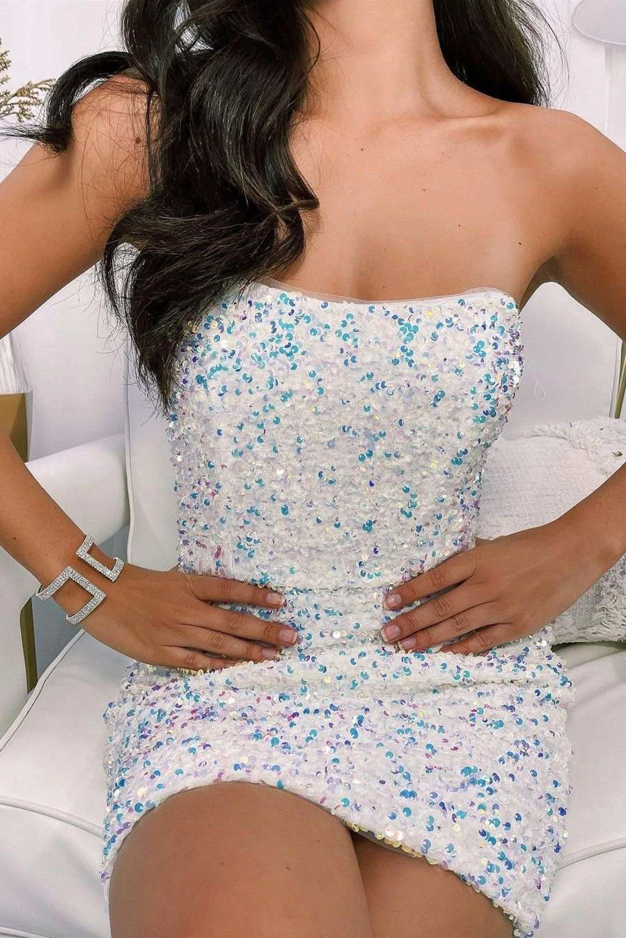Glitter White Sequins Sleeveless Short Homecoming Dresses, Graduation Dresses, Sweet Dress WLD0002