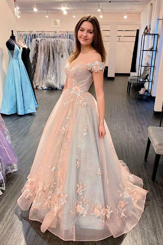 Princess Off The Shoulder Pink Long Floral Appliques Prom Dress Quincerean Dress WLD0050