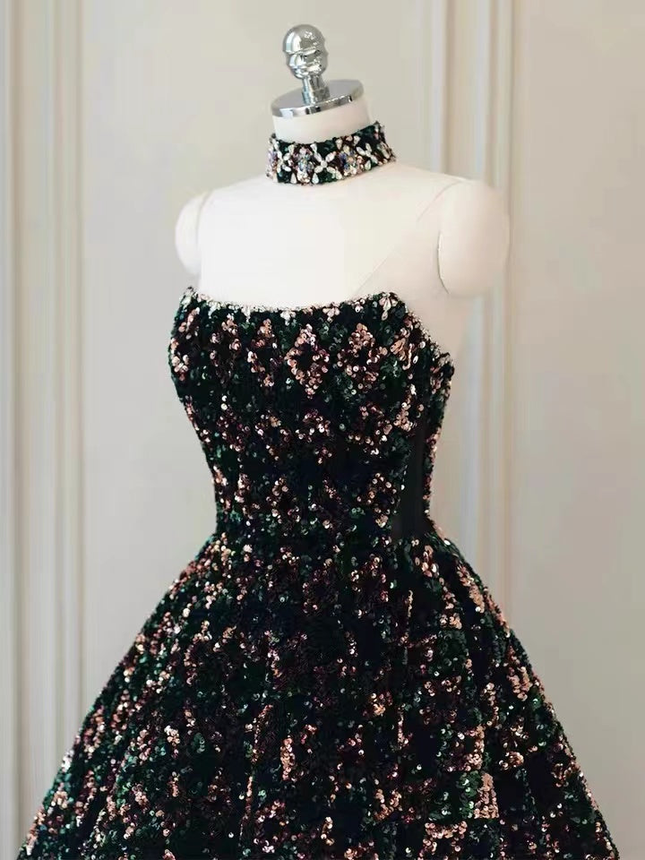 Gorgeous A-Line Shiny Sequins Strapless Prom Dress, Sparkly Formal Gown WLD0176