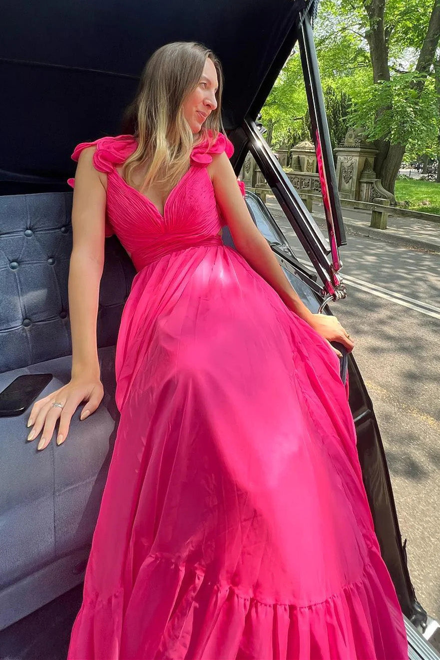 Ruffle Shoulder Plunging V Neck A-line Lace-Up Long Prom Dress WLD0261
