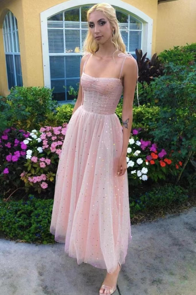 Shiny Pink Sequins Spaghetti Straps Tea Length Prom Dress, Formal Gown WLD0211