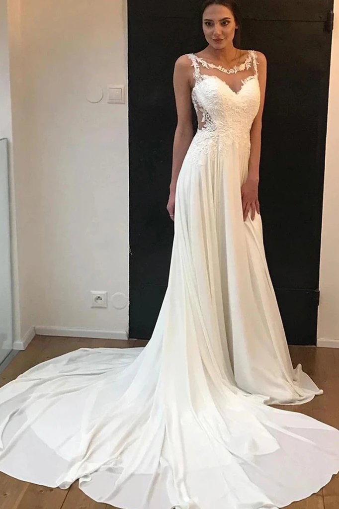 A Line Bateau Sleeveless Chiffon Prom Dress with Lace Appliques, Long Train Formal Dress N2568