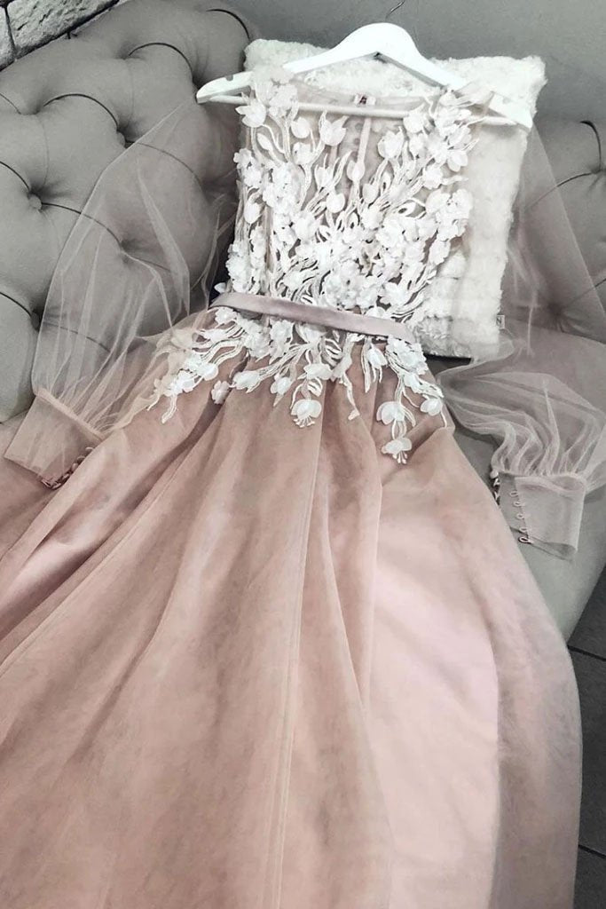 A Line Bateau Long Sleeves Floor Length Prom Dress with Appliques, Charming Formal Dress WLD2454