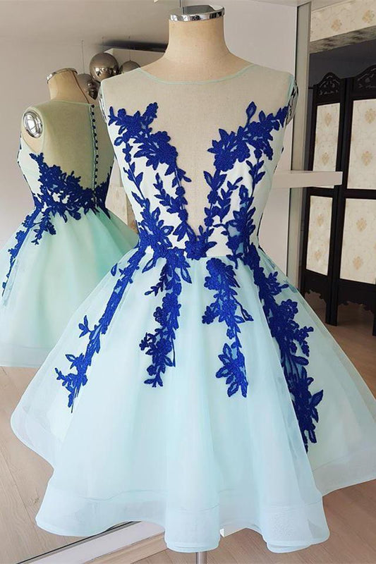 A Line Sheer Neck Sleeveless Short Homecoming Dress with Royal Blue Appliques N1720