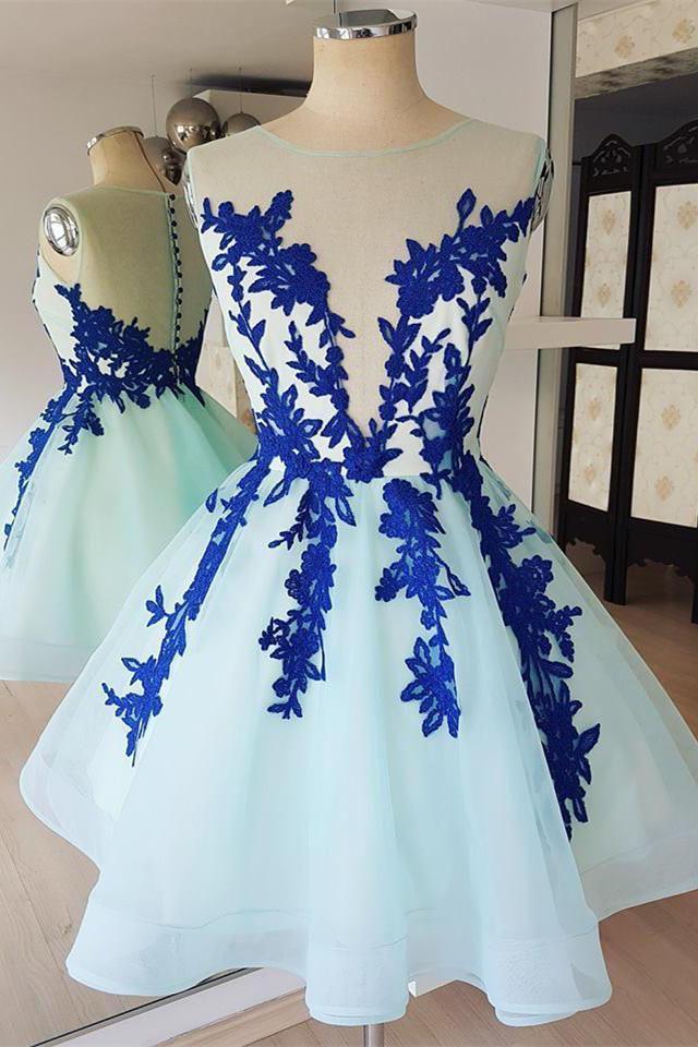 A Line Sheer Neck Sleeveless Short Homecoming Dress with Royal Blue Appliques WLD1720