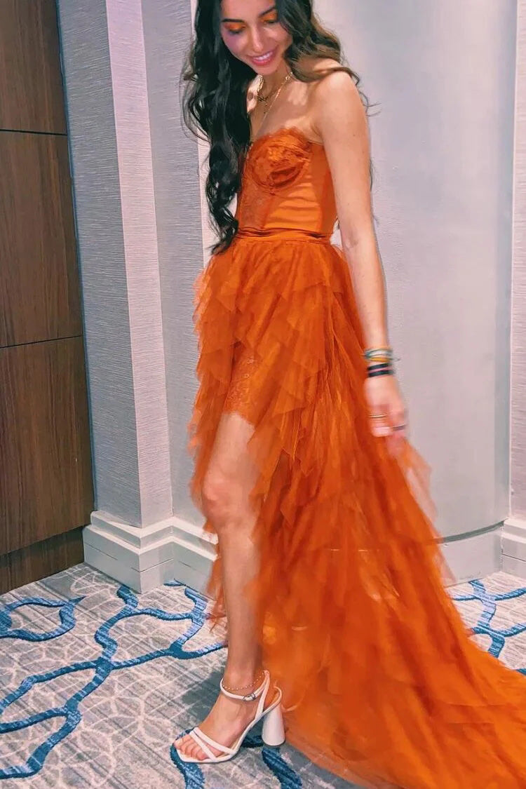 Orange Sweetheart Long Prom Dresses with Lace, Tiered Tulle Evening Dress With Slit WLD0258