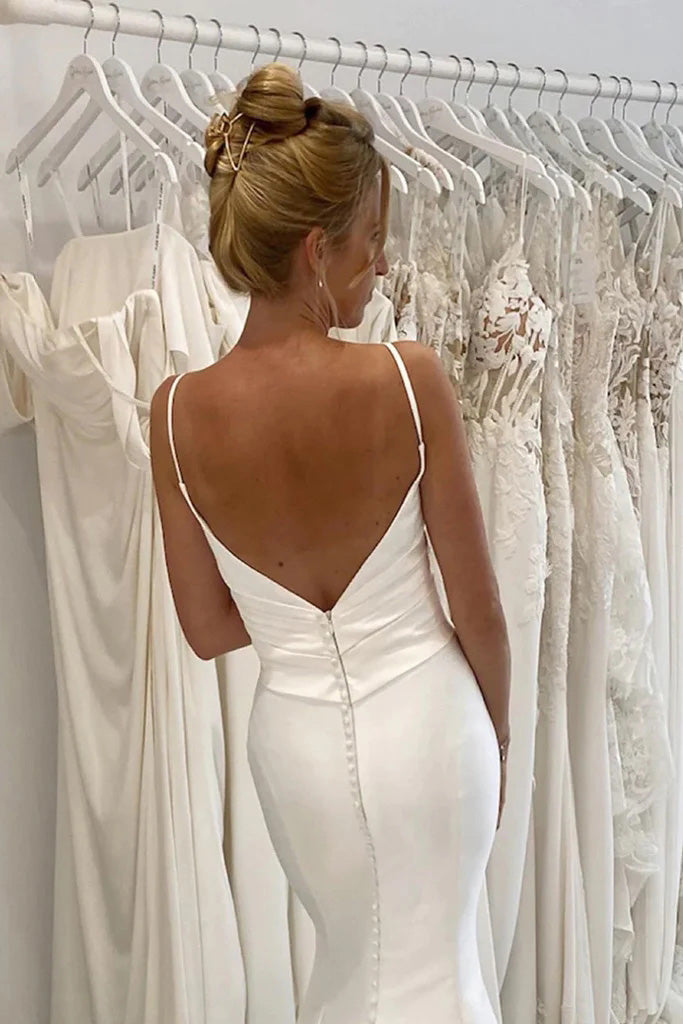 Spaghetti Straps V-Neck Pleats Simple Mermaid Satin Wedding Dress WLD0169