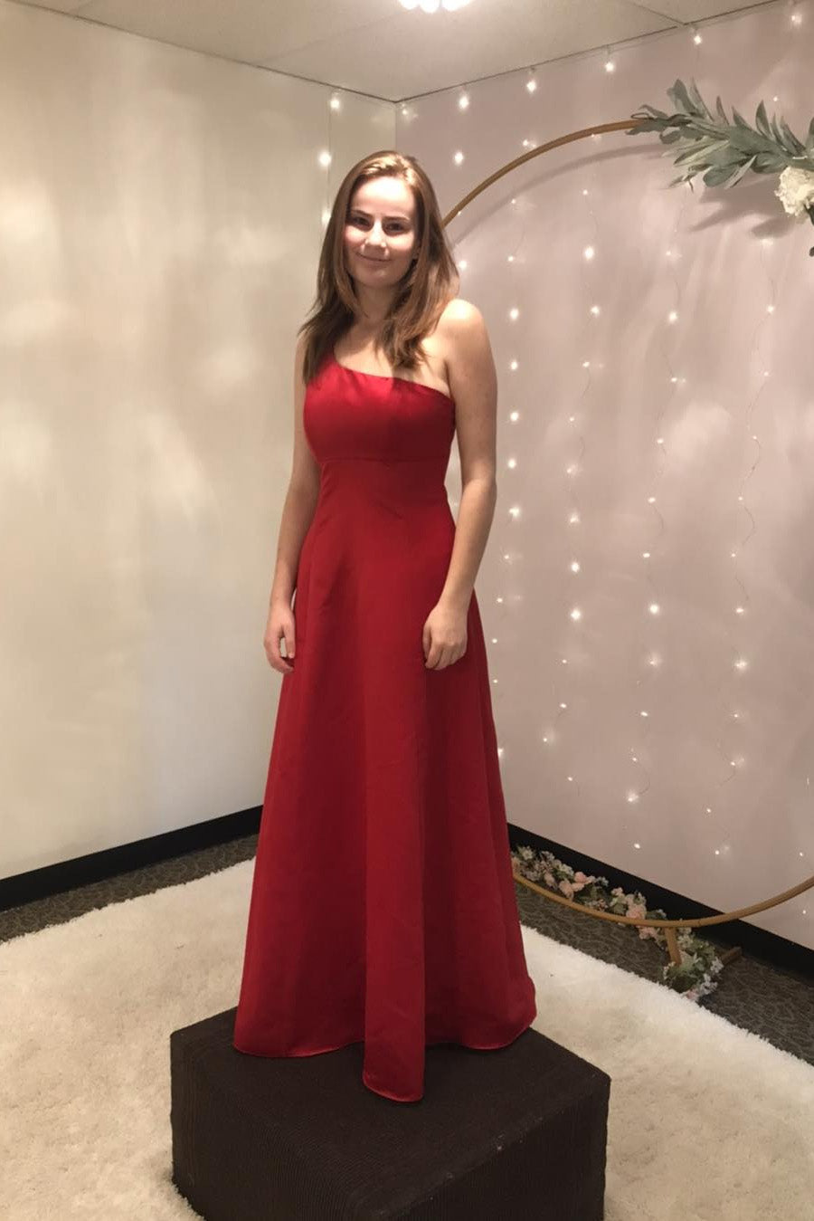 One-Shoulder Red Satin A-Line Long Prom Dresses,Evening Dress WLD0363