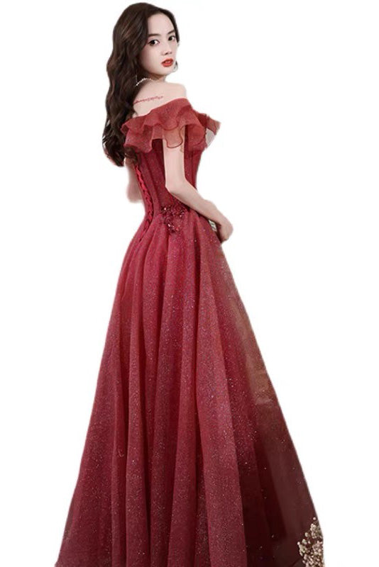 Off The Shoulder Purple Tulle Prom Dress, A line Evening Dress With Applique WLD0255