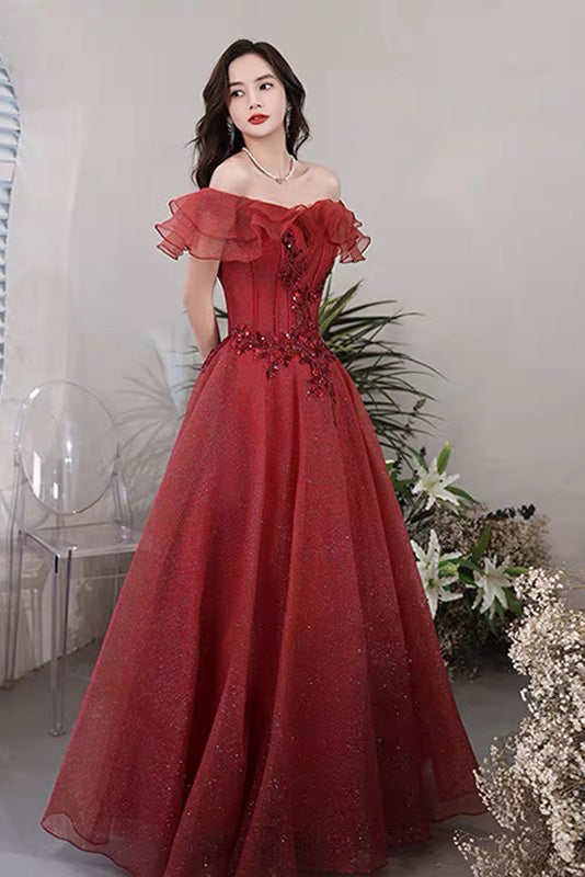 Off The Shoulder Purple Tulle Prom Dress, A line Evening Dress With Applique WLD0255