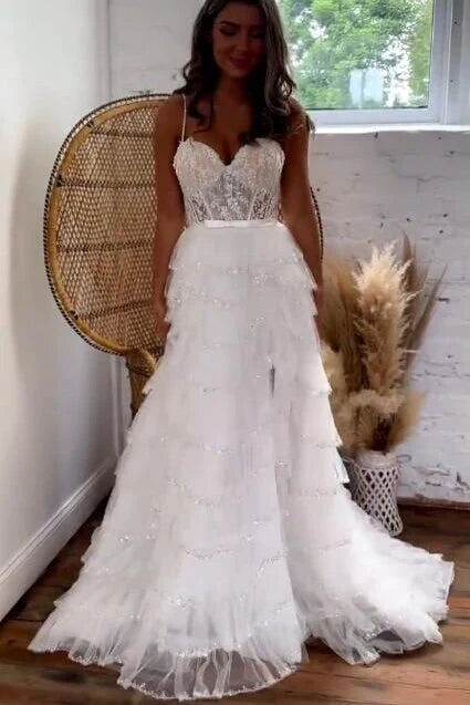 Spaghetti Straps Ivory Layered Tulle Prom Dress With Slit, Beach Wedding Dress With Lace Appliques WLD0174