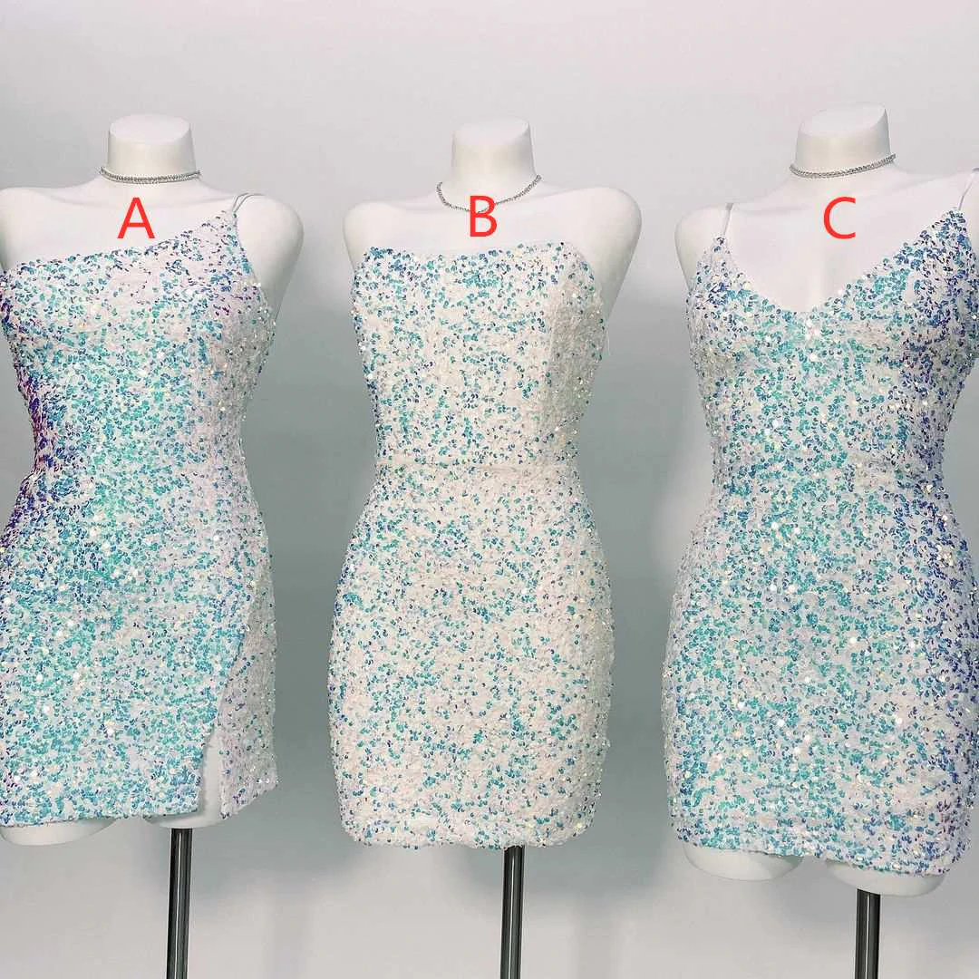 Glitter White Sequins Sleeveless Short Homecoming Dresses, Graduation Dresses, Sweet Dress WLD0002
