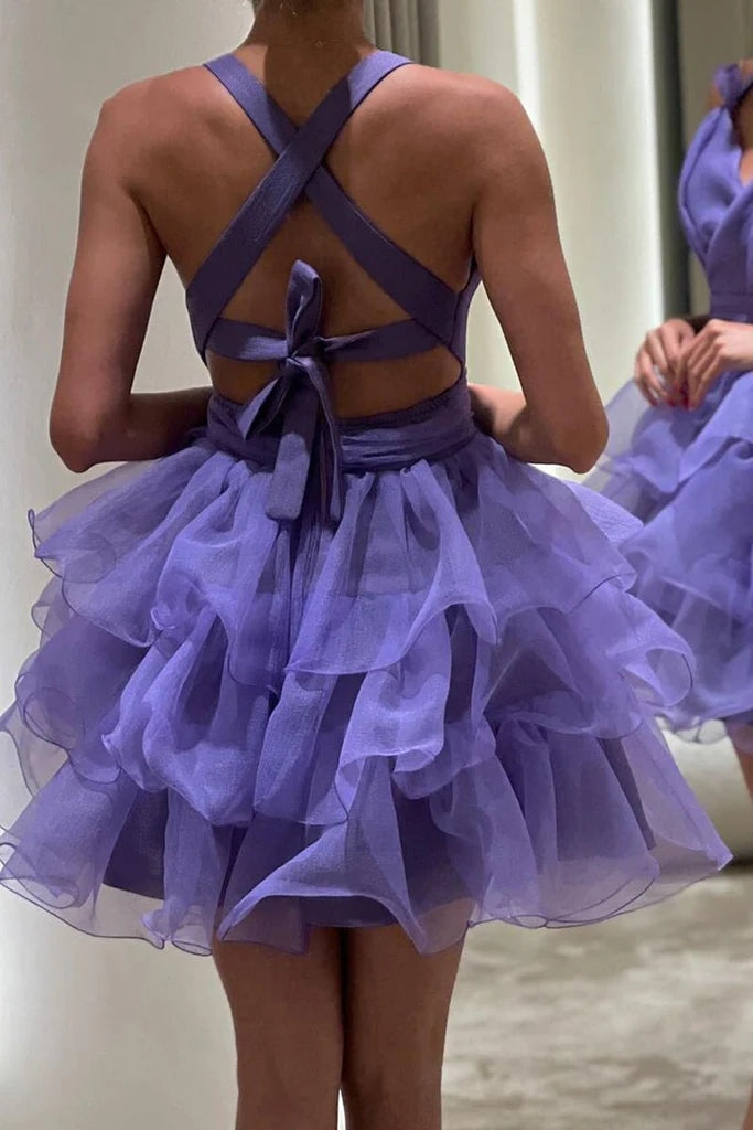 Hot Pink Organza Short Prom Dresses A Line Tiered V-Neck Homecoming Dress WLD0170