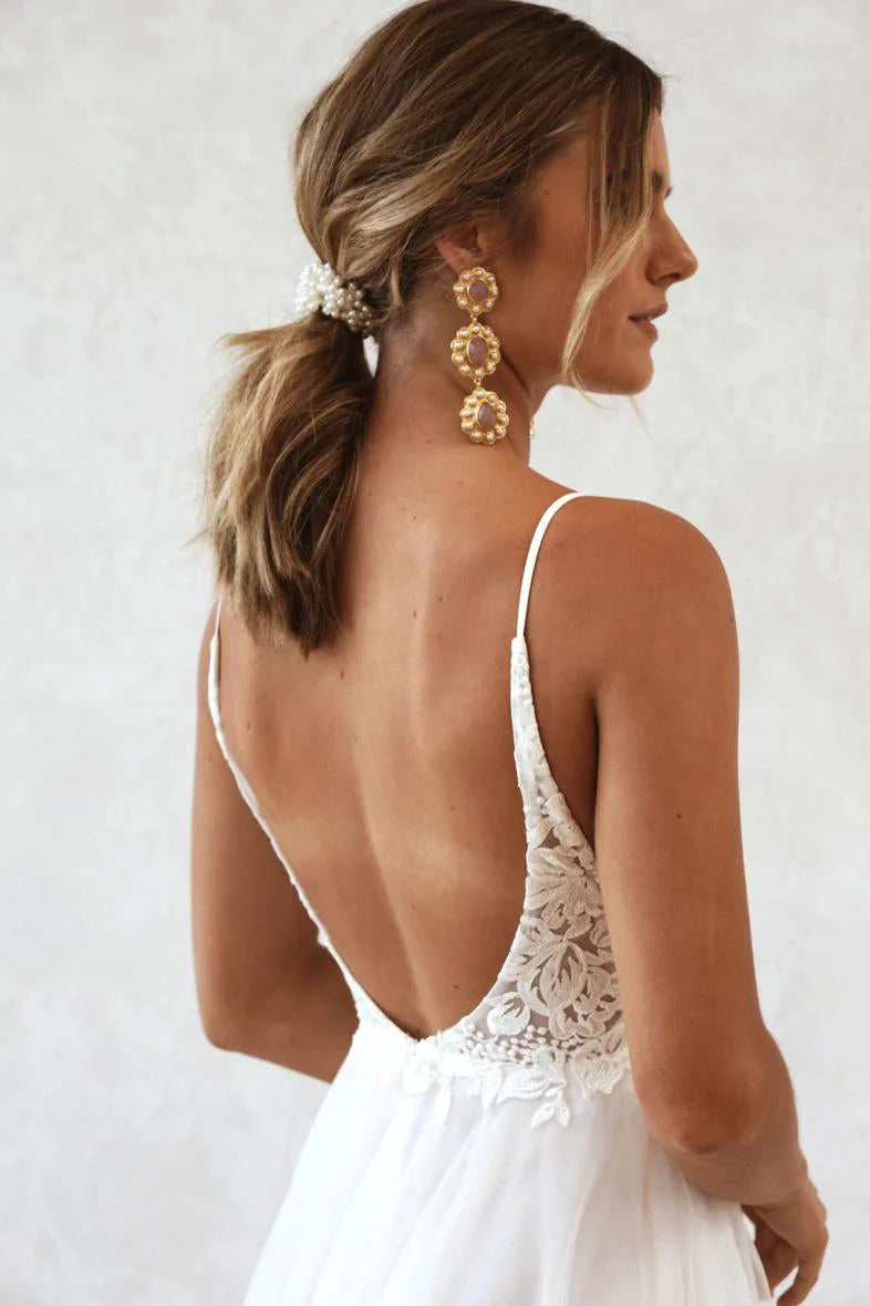 Simple A Line Spaghetti Straps Wedding Gown, Aesthetic Long Beach Wedding Dress WLD0128