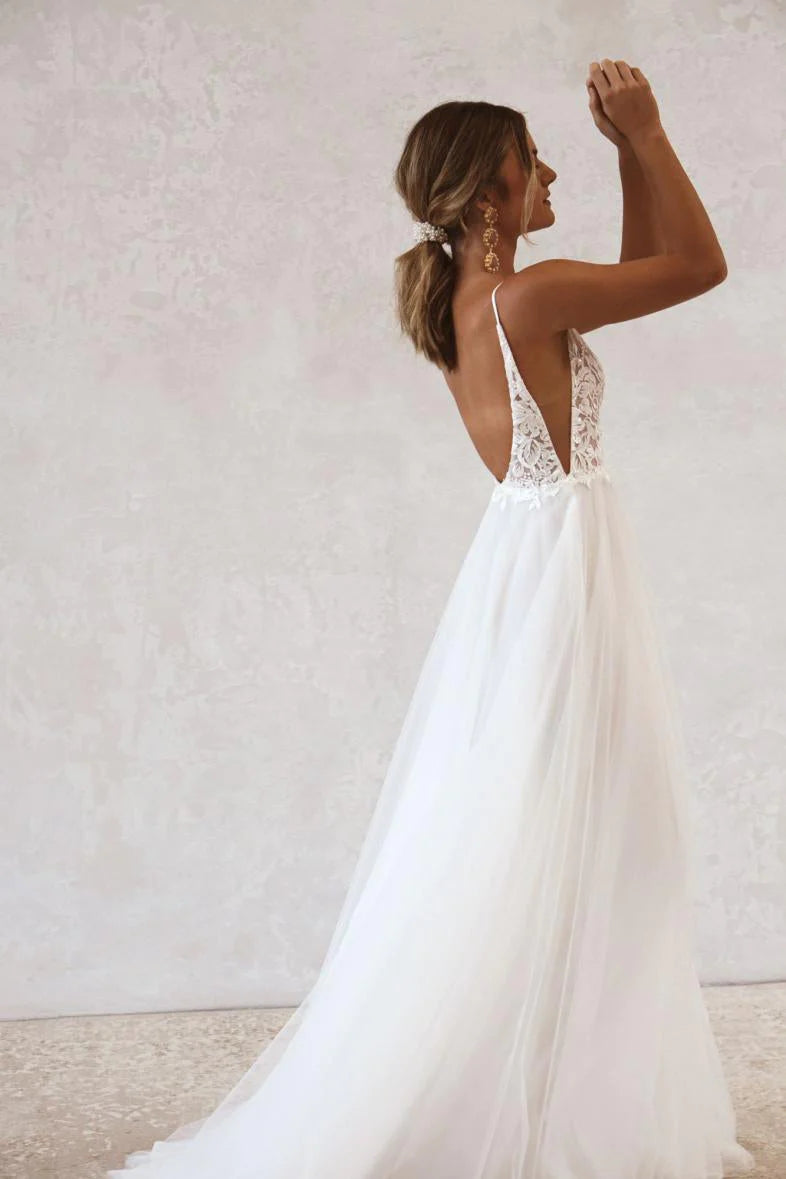 Simple A Line Spaghetti Straps Wedding Gown, Aesthetic Long Beach Wedding Dress WLD0128