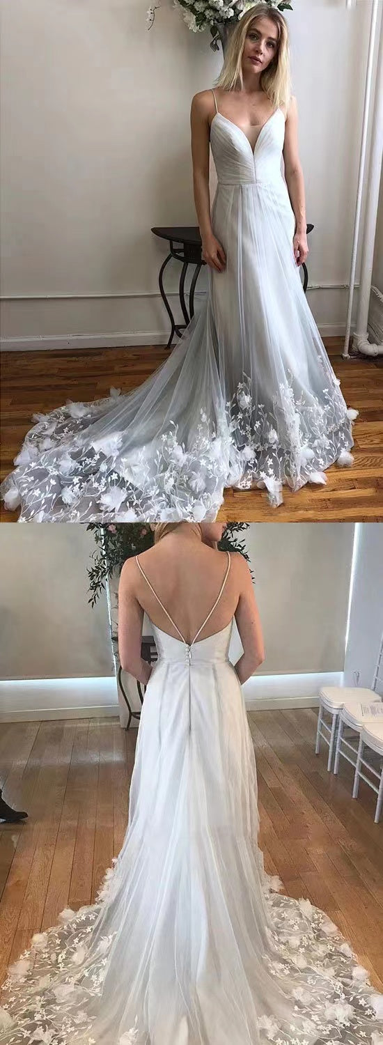 Deep V Neck Spaghetti Straps Ivory Appliques Bottom Backless Wedding Dresses, Bridal Gown WLD0162