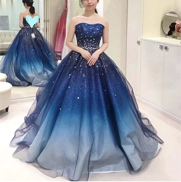 Princess Blue Strapless Lace up Prom Dresses With Beading, Formal Gown WLD0215