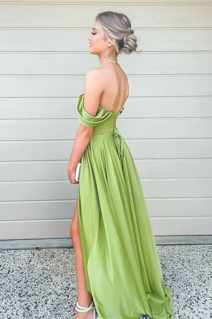 Simple Clover A-Line Satin Off the Shoulder Evening Dresses Long Prom Dresses WLD0263