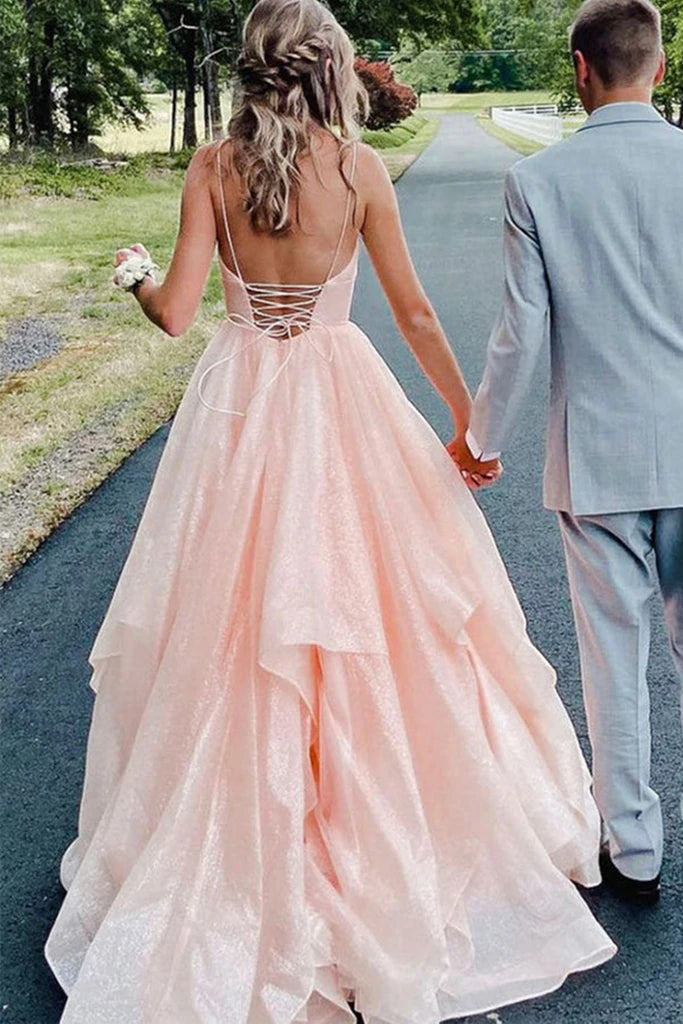 Glitter A Line Spaghetti Straps Asymmetrical Long Prom Dress, Shiny Evening Gown WLD0101