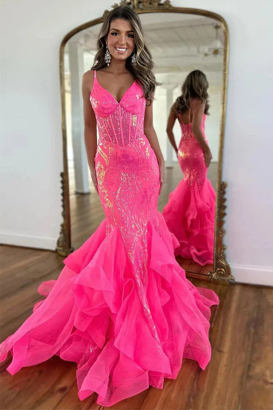 Sparkly Mermaid Spaghetti Straps Hot Pink Prom Dress, Formal Party Gown WLD0372