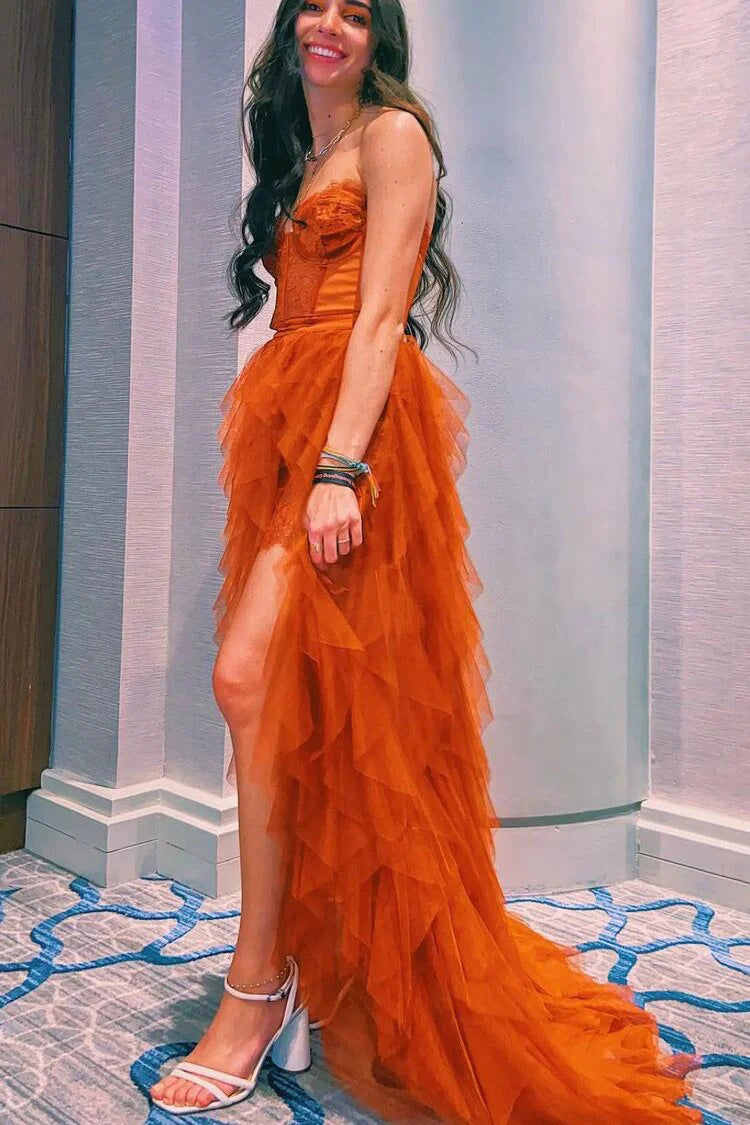 Orange Sweetheart Long Prom Dresses with Lace, Tiered Tulle Evening Dress With Slit WLD0258