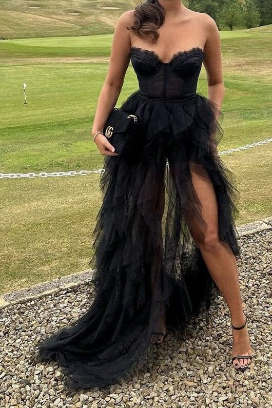 Orange Sweetheart Long Prom Dresses with Lace, Tiered Tulle Evening Dress With Slit WLD0258