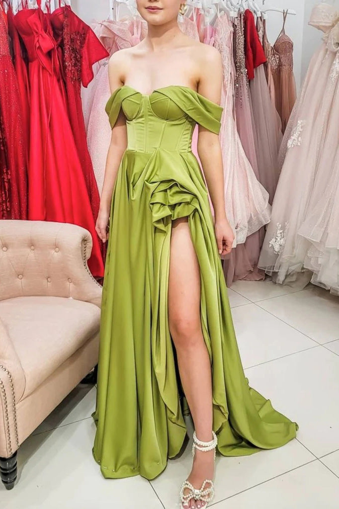 Simple Clover A-Line Satin Off the Shoulder Evening Dresses Long Prom Dresses WLD0263