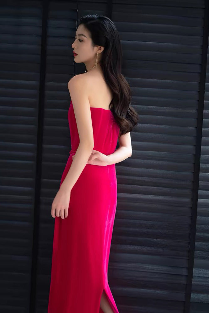 Hot Pink Velvet Long Party Prom Dresses With Slit, Strapless Evening Dresses CHP0341