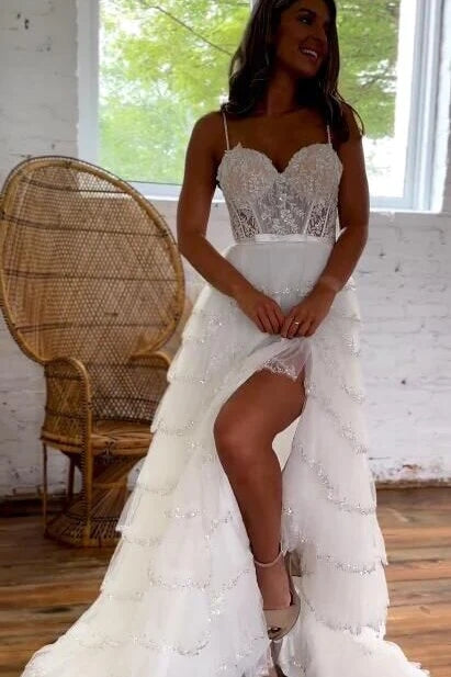 Spaghetti Straps Ivory Layered Tulle Prom Dress With Slit, Beach Wedding Dress With Lace Appliques WLD0174