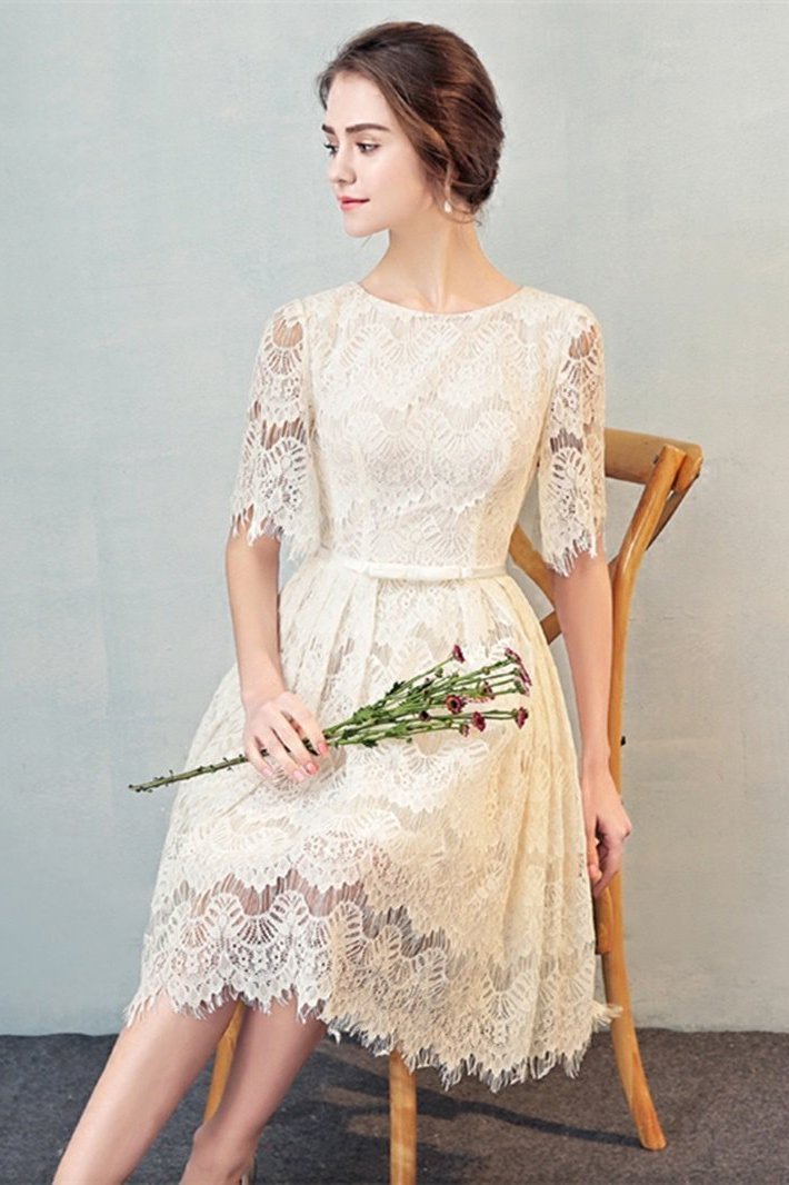 A Line Half Sleeves Lace Homecoming Dress, Cute Lace Sweet Dress with Belt WLD1948