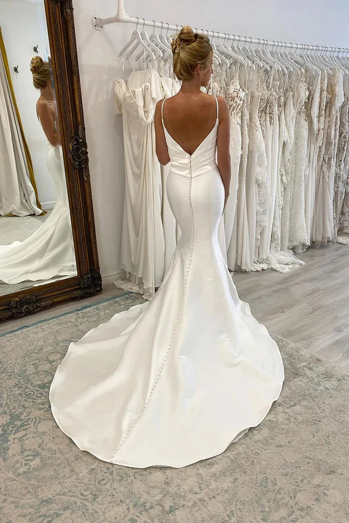 Spaghetti Straps V-Neck Pleats Simple Mermaid Satin Wedding Dress WLD0169