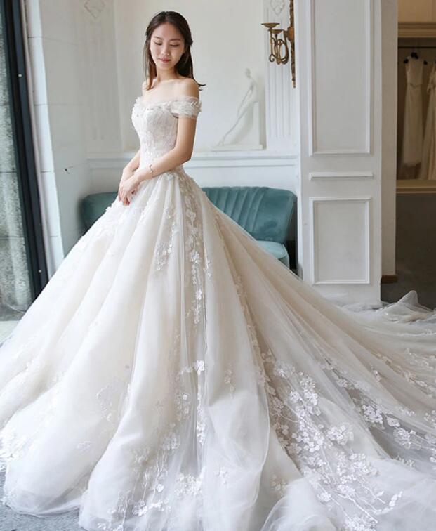 Ball Gown Off the Shoulder Lace Appliqued Wedding Dresses, Ivory Bridal Dresses WLD2586
