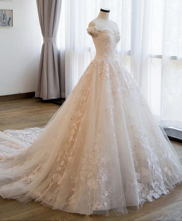 Ball Gown Off the Shoulder Lace Appliqued Wedding Dresses, Ivory Bridal Dresses WLD2586