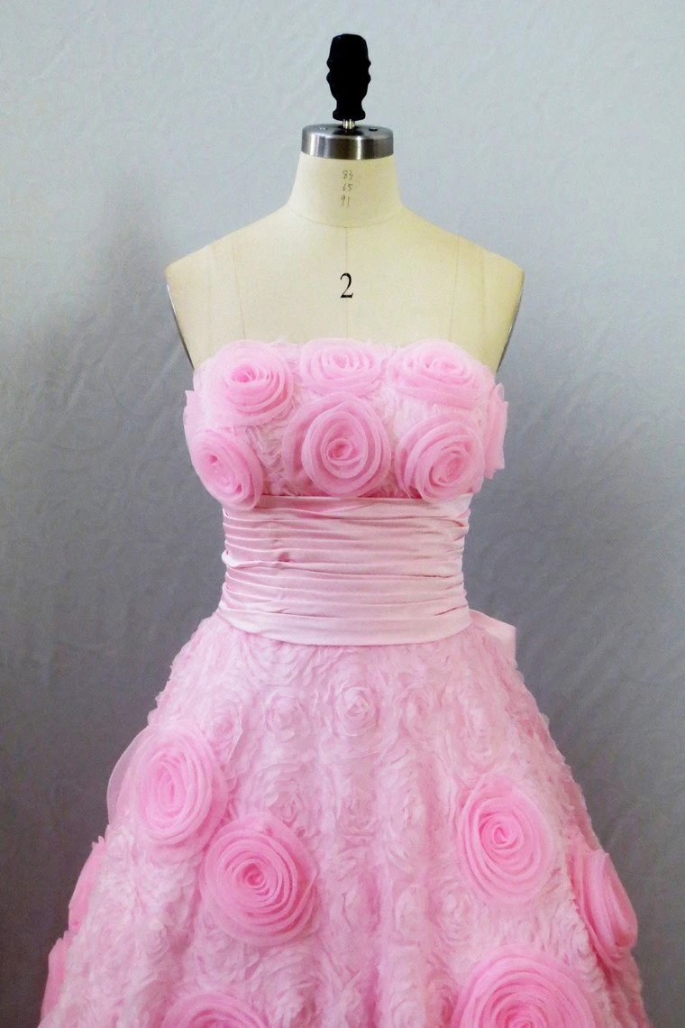 Strapless A Line Prom Dress with Flowers, Unique Pink Sweep Train Party Dresses WLD2615