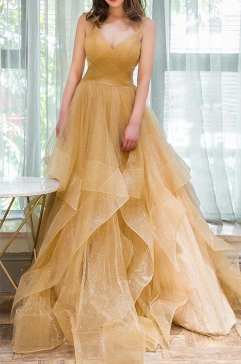 Spaghetti Straps V Neck Sparky Long Prom Dress, Backless Pleated Tulle Party Dresses WLD2587