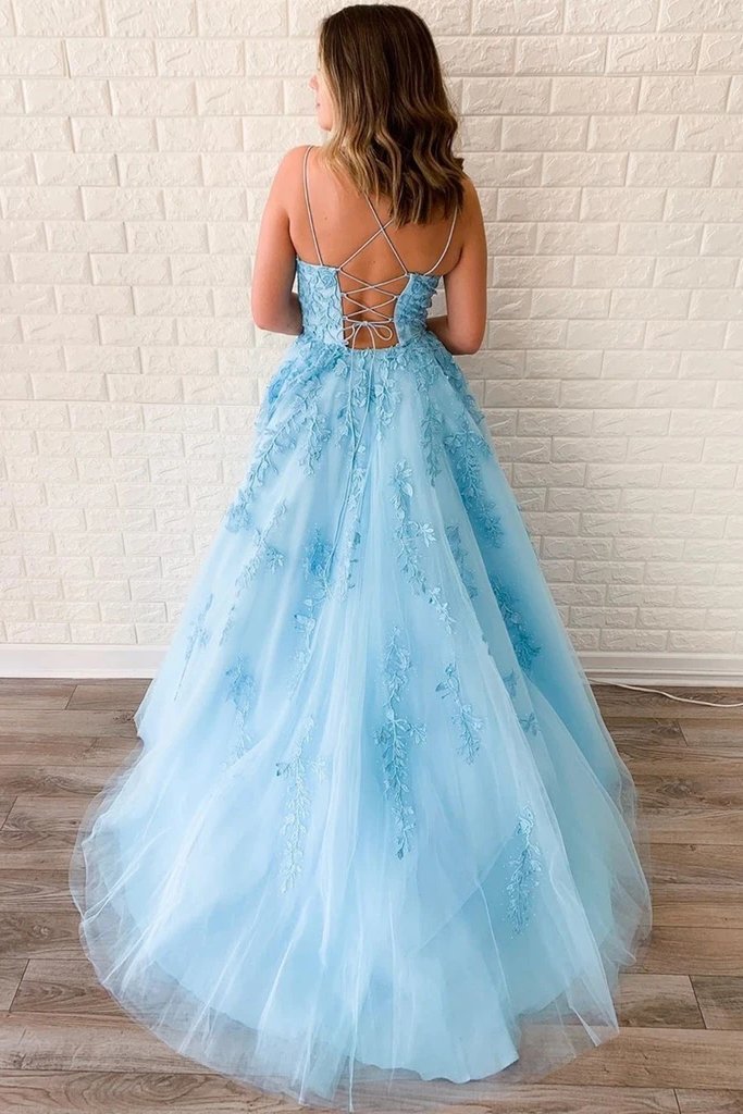 A Line Sky Blue Lace Backless Long Prom Dresses, Backless Sky Blue Lace Formal Dresses UQ2588