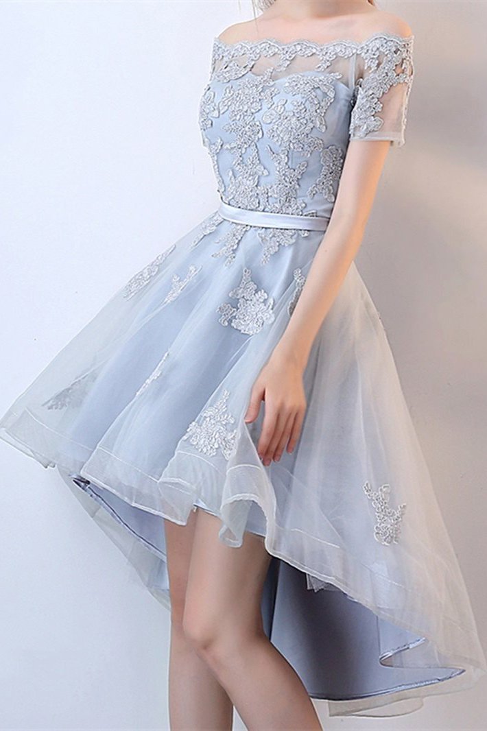 A Line Off the Shoulder Applique High Low Tulle Homecoming Dress, Graduation Dress WLD1949