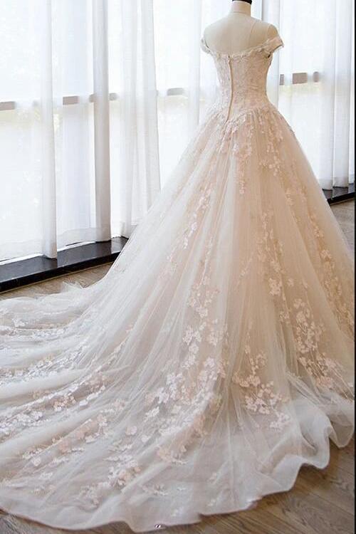 Ball Gown Off the Shoulder Lace Appliqued Wedding Dresses, Ivory Bridal Dresses WLD2586