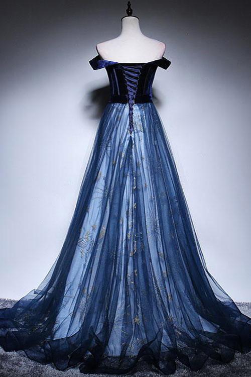 Dark Blue Velvet Tulle Long Prom Dress, Elegant Off the Shoulder Evening Dress with Sleeve WLD2608