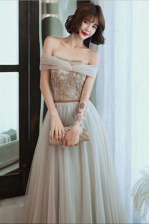Light Gray Tulle Lace Long Prom Dress, Floor Length Off the Shoulder Formal Dresses WLD2579