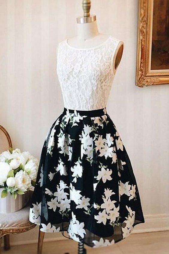 A Line Sleeveless Floral Short Homecoming Dress with Lace Top, Cute Graduation Dress WLD1901