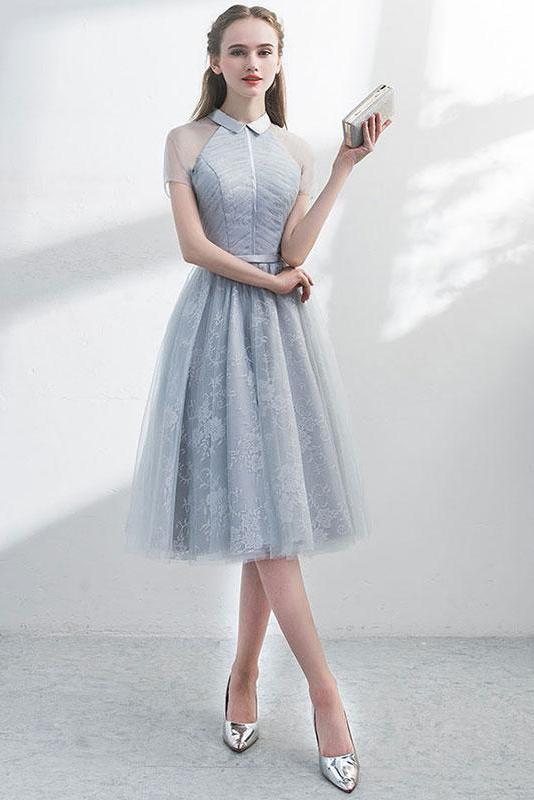 A Line Short Sleeves Tulle Homecoming Dress with Lace, Cute Short Prom Dress with Lace WLD1908