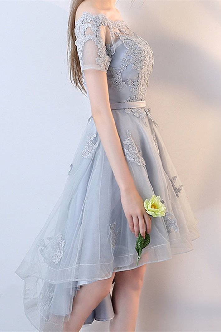 A Line Off the Shoulder Applique High Low Tulle Homecoming Dress, Graduation Dress WLD1949